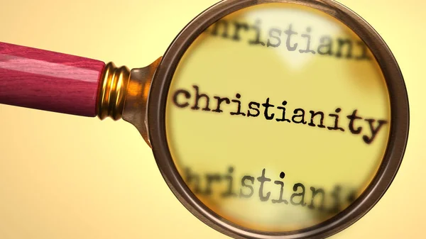 Prozkoumat Studovat Křesťanství Ukázal Jako Zvětšit Sklo Slovo Křesťanství Symbolizovat — Stock fotografie