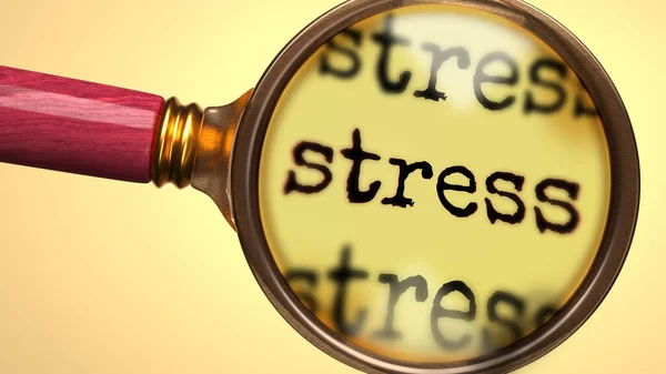 Zbadaj Badaj Stres Pokazane Jako Szkło Powiększające Słowa Stres Symbolizują — Zdjęcie stockowe
