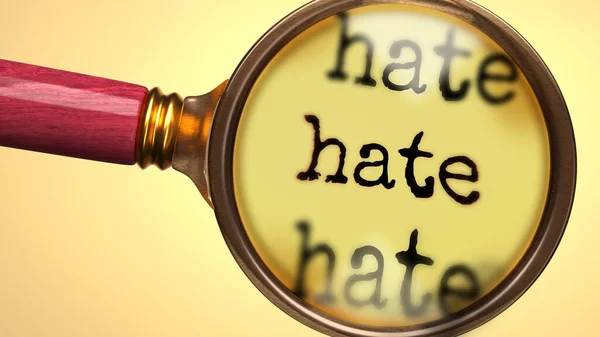 研究の憎悪 拡大ガラスとして示され 単語の憎悪は 分析のプロセスを象徴するために示す 学習し 憎しみを詳しく見て 3Dイラスト — ストック写真