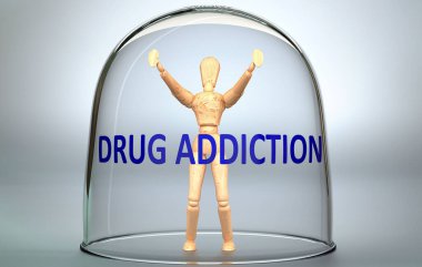 Uyuşturucu bağımlılığı bir insanı dünyadan ayırabilir ve bir bardağın içine hapsolmuş bir insan figürü olarak resmedilmiş bir izolasyon hücresine kilitlenebilir.