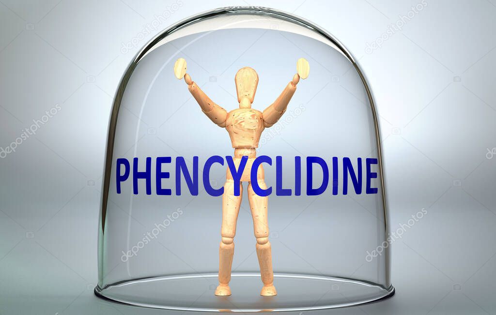 Phencyclidine can separate a person from the world and lock in an isolation that limits - pictured as a human figure locked inside a glass with a phrase Phencyclidine, 3d illustration