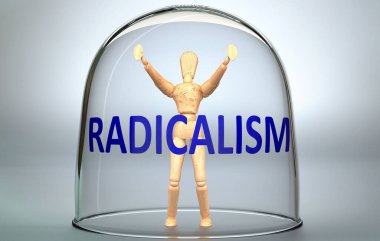 Radikalizm bir insanı dünyadan ayırabilir ve bir bardağın içinde radikalizm, 3d illüstrasyon gibi bir ifadeyle bir insan figürü olarak resmedilen bir izolasyona hapsedebilir.