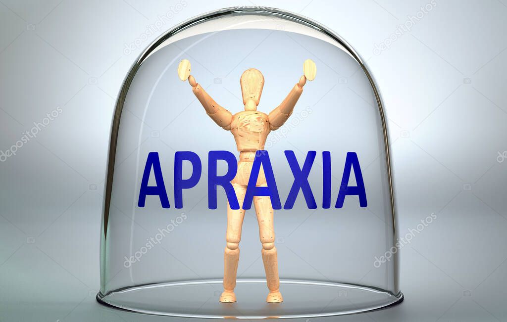 Apraxia can separate a person from the world and lock in an invisible isolation that limits and restrains - pictured as a human figure locked inside a glass with a phrase Apraxia, 3d illustration