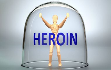 Eroin bir insanı dünyadan ayırabilir ve sınırlayan ve zapt eden görünmez bir izolasyon içine kilitlenebilir - bir insan figürü olarak resmedilmiş bir cam içinde eroin, 3 boyutlu illüstrasyon ile