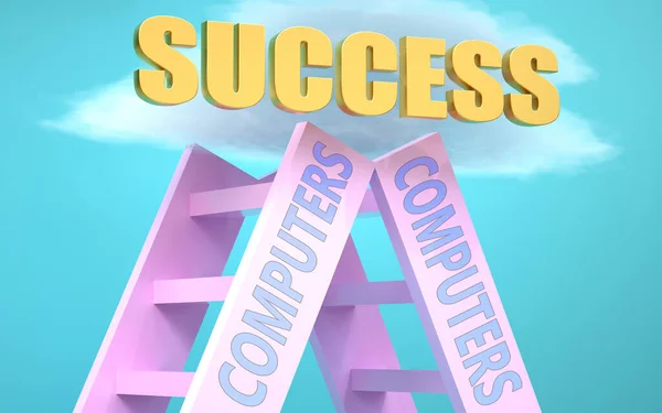 Computers Ladder Leads Success High Sky Symbolize Computers Very Important — Stock Photo, Image