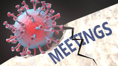 Covid virüsünün toplantıları yok etmesi - büyük korona virüsü sağlam, sağlam ve yerleşik bir toplantı yapısını bozarak, covid salgının neden olduğu sorunları ve kaosu sembolize etmek için, 3d illüstrasyon