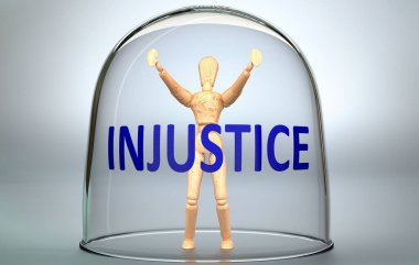 Adaletsizlik, bir insanı dünyadan ayırabilir ve bir bardağın içinde adaletsizlik, 3d illüstrasyonla kilitlenmiş bir insan figürü olarak resmedilmiş ve sınırlandırılmış görünmez bir izolasyona hapsedebilir.