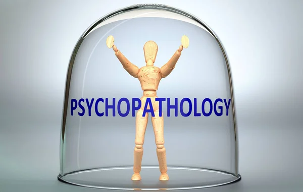 心理病理学可以将一个人从世界中分离出来 并锁定在一个被限制的隔离状态中 被描绘成一个被锁在玻璃杯里的人的形象 心理病理学 3D图解 — 图库照片