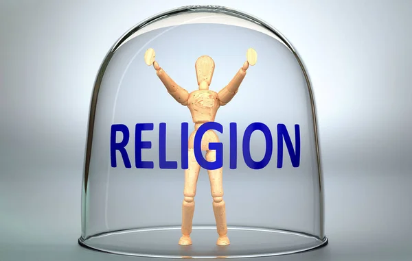 宗教は世界から人を分離し 制限し 抑制する目に見えない隔離にロックすることができます 言葉でガラスの中に閉じ込められた人間の姿として写真宗教 3Dイラスト — ストック写真