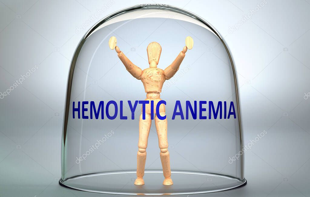 Hemolytic anemia can separate a person from the world and lock in an isolation that limits - pictured as a human figure locked inside a glass with a phrase Hemolytic anemia, 3d illustration