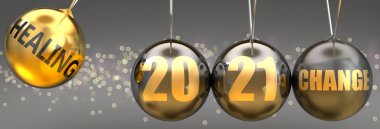 2021 'de değişimin itici gücü olarak iyileşmek - 2021' e ivme kazandıran, 3d illüstrasyonuna yol açan şifa veren değişken bir küre olarak resmedilmiş.
