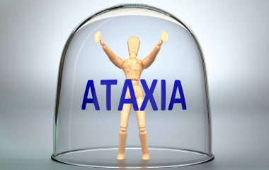 Ataxia bir insanı dünyadan ayırabilir ve sınırlayan ve zapt eden görünmez bir izolasyon içine kilitlenebilir - bir insan figürü olarak resmedilmiş Ataxia, 3d illüstrasyon