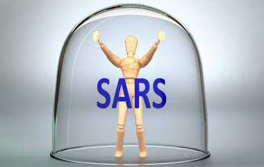 Sars bir insanı dünyadan ayırabilir ve sınırlayan ve zapt eden görünmez bir izolasyon içine kilitlenebilir - bir insan figürü olarak resmedilmiş, bir cümleyle Sars, 3d illüstrasyon