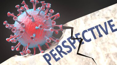 Covid virüsü perspektifi yok ediyor - büyük korona virüsü sağlam, sağlam ve yerleşik bir perspektif yapısını bozuyor, covid salgının neden olduğu sorunları ve kaosu sembolize ediyor, 3d illüstrasyon