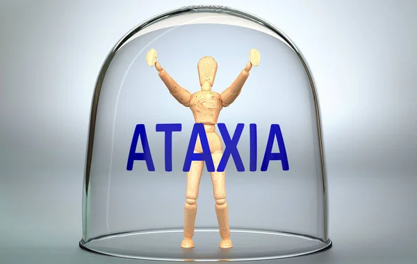 Ataxia可以将一个人与世界隔离 并将其锁定在一种无形的隔离状态中 这种隔离状态会限制和约束人的行为 被描绘成一个人的形象被锁在一个玻璃杯里 上面有 Ataxia 这个短语 3D例 — 图库照片