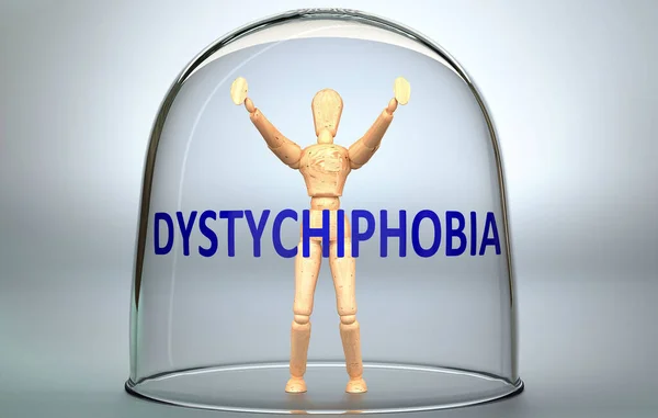 Dystychiphobiaは 人を世界から分離し 制限する隔離にロックすることができます フレーズDystychiphobia 3Dイラストでガラスの中にロックされた人間の姿として写真 — ストック写真