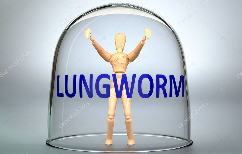 Lungworm can separate a person from the world and lock in an invisible isolation that limits and restrains - pictured as a human figure locked inside a glass with a phrase Lungworm, 3d illustration