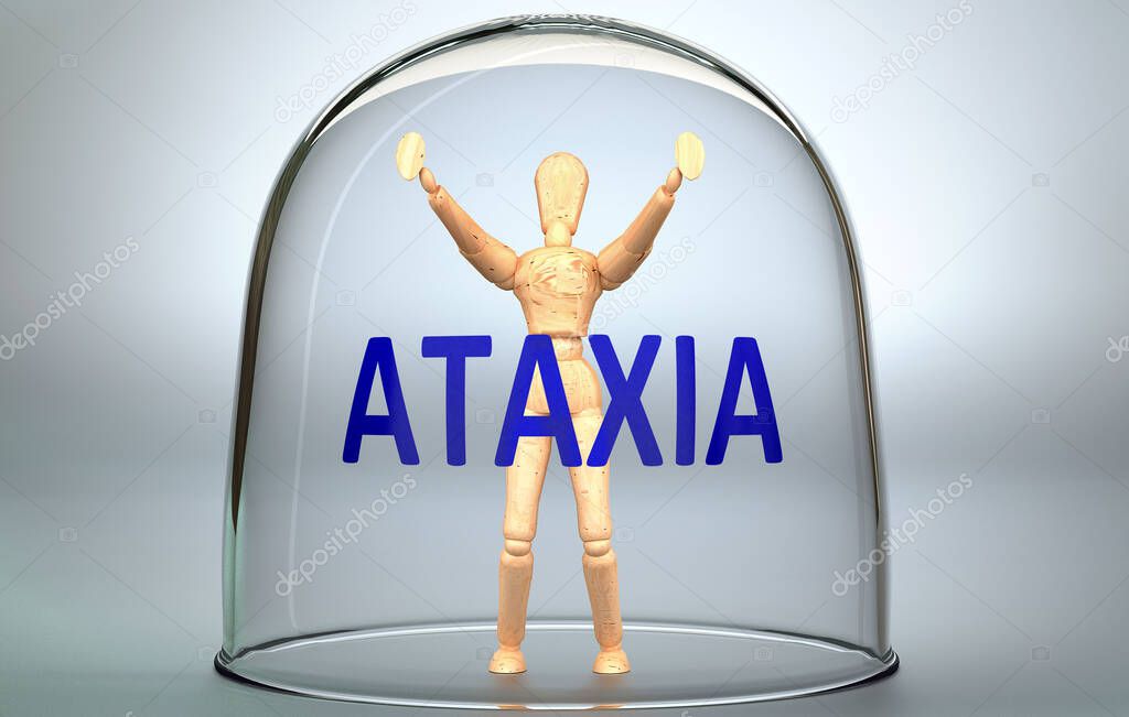 Ataxia can separate a person from the world and lock in an invisible isolation that limits and restrains - pictured as a human figure locked inside a glass with a phrase Ataxia, 3d illustration