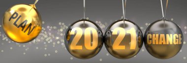 2021 yılındaki değişimin itici gücü olarak plan - 2021 'e ivme kazandıran ve 3d illüstrasyonuna yol açan bir hareket planı içeren sallanan bir küre olarak resmedilmiştir.