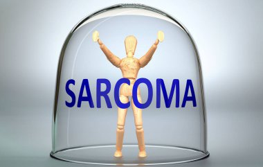 Sarkoma bir insanı dünyadan ayırabilir ve sınırlayan ve sınırlayan görünmez bir izolasyon içine kilitlenebilir - bir insan figürü olarak resmedilen Sarkoma, 3 boyutlu bir illüstrasyon