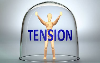 Gerilim bir insanı dünyadan ayırabilir ve sınırlayan ve sınırlayan görünmez bir izolasyon içine kilitlenebilir - bir camın içine sıkışmış bir insan figürü olarak resmedilmiş bir tansiyon, 3d illüstrasyon