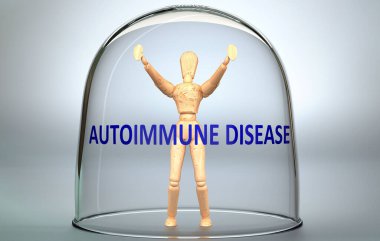 Autoimmune disease can separate a person from the world and lock in an isolation that limits - pictured as a human figure locked inside a glass with a phrase Autoimmune disease, 3d illustration clipart