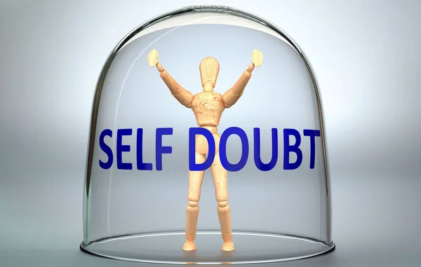 Self doubt can separate a person from the world and lock in an isolation that limits - pictured as a human figure locked inside a glass with a phrase Self doubt, 3d illustration