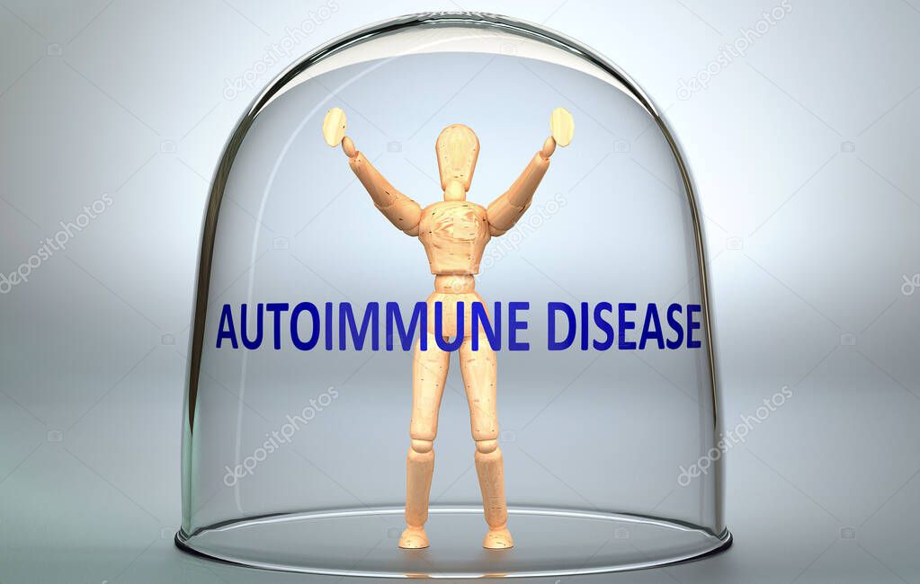 Autoimmune disease can separate a person from the world and lock in an isolation that limits - pictured as a human figure locked inside a glass with a phrase Autoimmune disease, 3d illustration