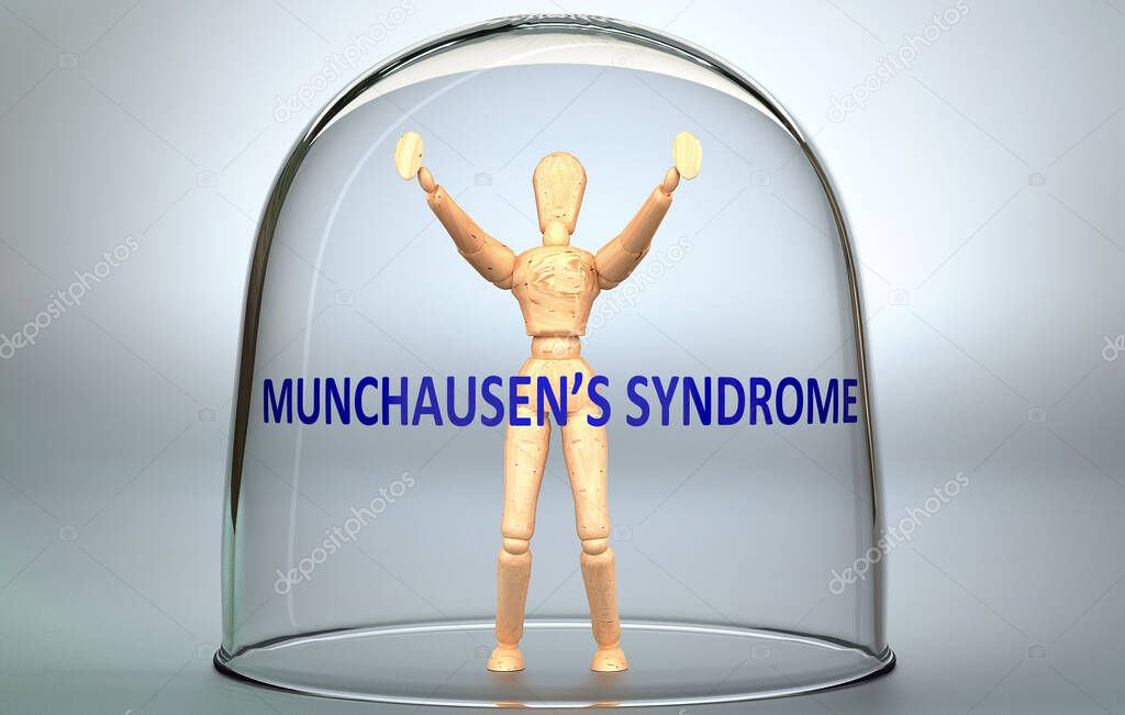 Munchausen's syndrome can separate a person from the world and lock in an isolation that limits - pictured as a human figure locked inside a glass with a phrase Munchausen's syndrome, 3d illustration