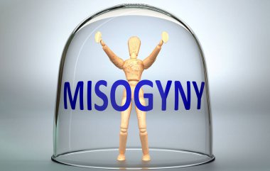 Misogyny bir insanı dünyadan ayırabilir ve sınırlayan ve sınırlayan görünmez bir izolasyon içine kilitlenebilir - bir insan figürü olarak resmedilmiş bir ifade ile Misogyny, 3d illüstrasyon