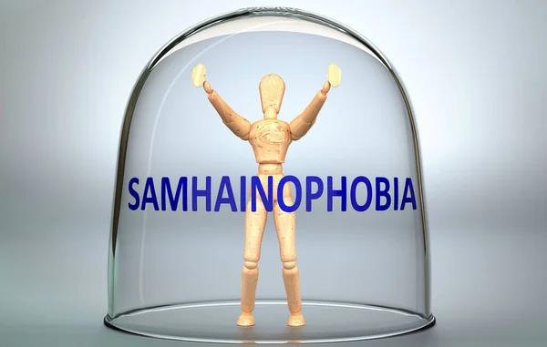 サマヒノフォビアは 人と世界を分離し 制限する隔離をロックすることができます サマヒノフォビア 3Dイラストというフレーズでガラスの中に閉じ込められた人間の姿として写真 — ストック写真