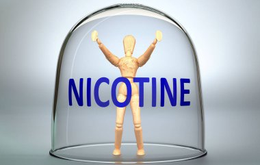 Nikotin bir insanı dünyadan ayırabilir ve bir bardağın içinde nikotin, üç boyutlu bir illüstrasyonla kilitlenmiş bir insan figürü olarak resmedilen görünmez bir izolasyon içine kilitlenebilir.