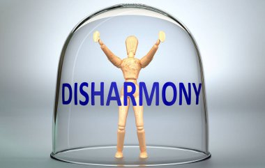 Disharmony can separate a person from the world and lock in an isolation that limits - pictured as a human figure locked inside a glass with a phrase Disharmony, 3d illustration clipart