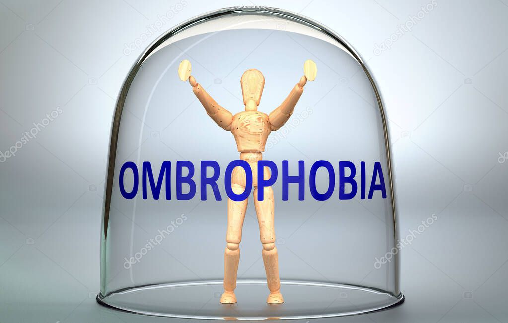 Ombrophobia can separate a person from the world and lock in an isolation that limits - pictured as a human figure locked inside a glass with a phrase Ombrophobia, 3d illustration