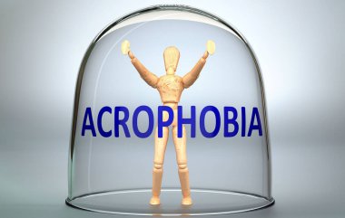 Acrophobia can separate a person from the world and lock in an isolation that limits - pictured as a human figure locked inside a glass with a phrase Acrophobia, 3d illustration clipart