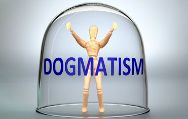 Dogmatizm bir insanı dünyadan ayırabilir ve sınırlayan ve sınırlayan görünmez bir izolasyon içine kilitlenebilir - bir insan figürü olarak resmedilmiş, bir deyimle Dogmatizm, 3d illüstrasyon