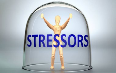 Stressors can separate a person from the world and lock in an invisible isolation that limits and restrains - pictured as a human figure locked inside a glass with a phrase Stressors, 3d illustration clipart