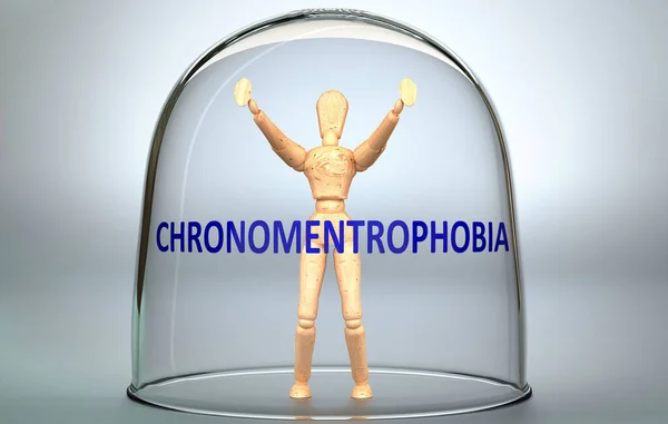 Chronomentrophobiaは 人を世界から分離し 制限する隔離にロックすることができます 表現とガラスの中にロックされた人間の姿として描かれたChronomentrophobia 3Dイラスト — ストック写真
