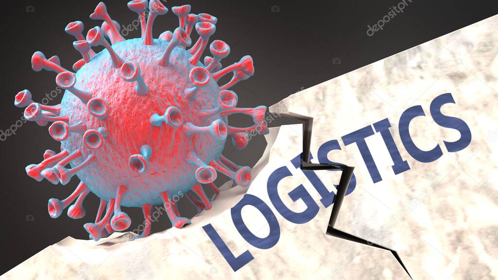 Covid virus destroying logistics - big corona virus breaking a solid, sturdy and established logistics structure, to symbolize problems and chaos caused by covid pandemic, 3d illustration