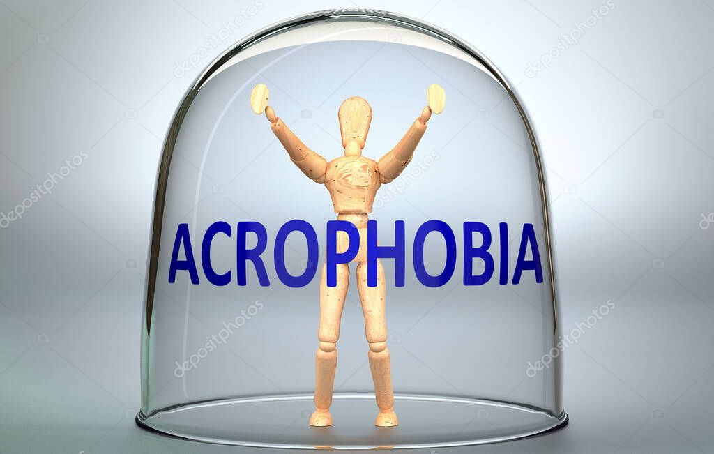 Acrophobia can separate a person from the world and lock in an isolation that limits - pictured as a human figure locked inside a glass with a phrase Acrophobia, 3d illustration