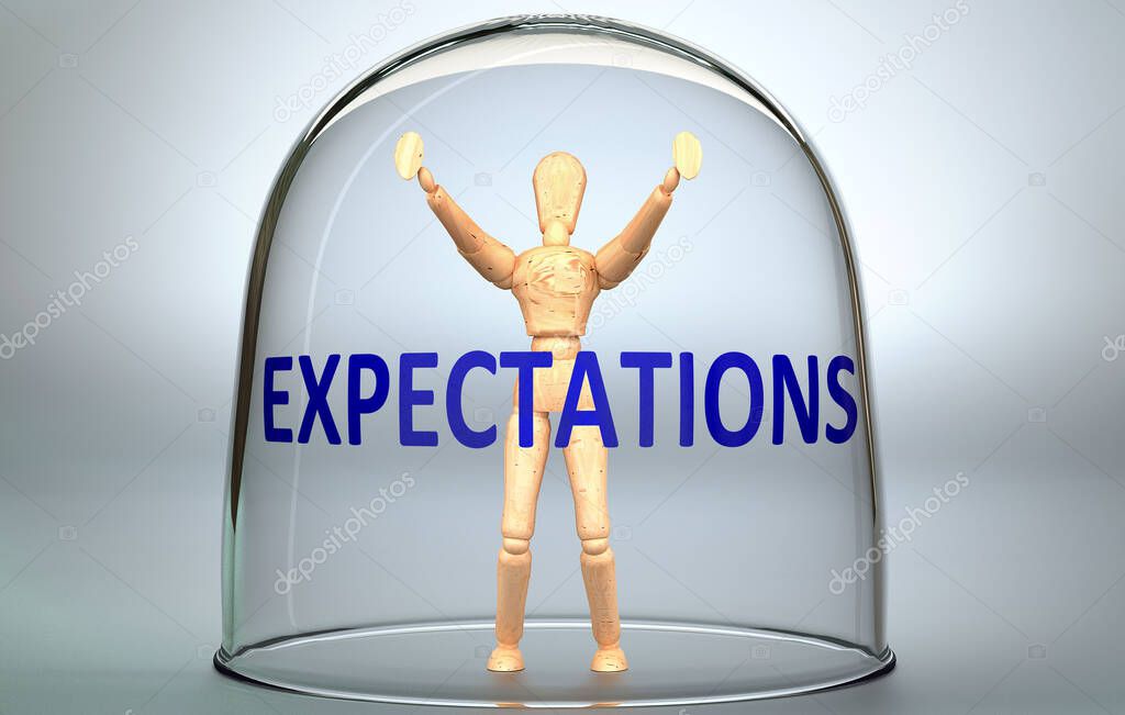 Expectations can separate a person from the world and lock in an isolation that limits - pictured as a human figure locked inside a glass with a phrase Expectations, 3d illustration