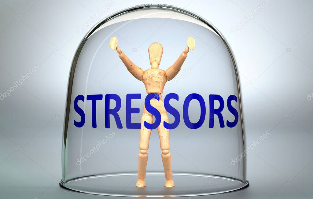 Stressors can separate a person from the world and lock in an invisible isolation that limits and restrains - pictured as a human figure locked inside a glass with a phrase Stressors, 3d illustration