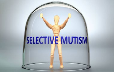 Selective mutism can separate a person from the world and lock in an isolation that limits - pictured as a human figure locked inside a glass with a phrase Selective mutism, 3d illustration clipart