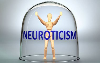 Neuroticism can separate a person from the world and lock in an isolation that limits - pictured as a human figure locked inside a glass with a phrase Neuroticism, 3d illustration clipart