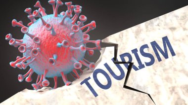 Covid virüsü turizmi yok ediyor - sağlam, sağlam ve yerleşik bir turizm yapısını kıran büyük Corona virüsü, covid salgının neden olduğu sorunları ve kaosu sembolize ediyor, 3d illüstrasyon