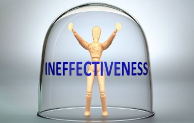 Ineffectiveness can separate a person from the world and lock in an isolation that limits - pictured as a human figure locked inside a glass with a phrase Ineffectiveness, 3d illustration clipart