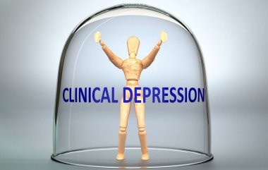 Klinik depresyon bir insanı dünyadan ayırabilir ve bir bardağın içine kilitlenmiş bir insan figürü gibi gösterilen bir izolasyona kilitlenebilir. Klinik depresyon, 3 boyutlu illüstrasyon...