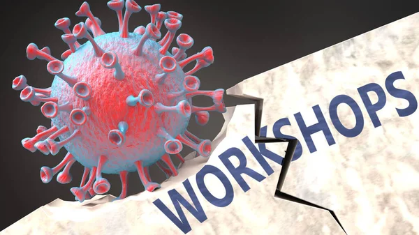 Covid Virus Destroying Workshops Big Corona Virus Breaking Solid Firm — 图库照片