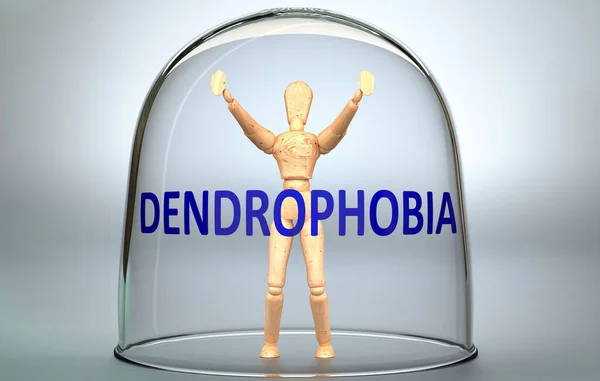 デンドロフォビアは 人と世界を分離し 制限する隔離にロックすることができます 言葉でガラスの中に閉じ込められた人間の姿として描かれていますデンドロフォビア 3Dイラスト — ストック写真