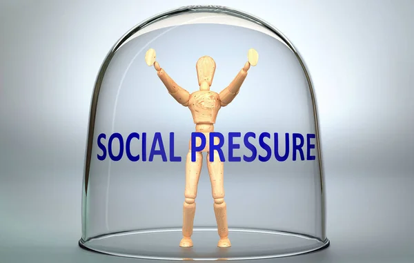 Social pressure can separate a person from the world and lock in an isolation that limits - pictured as a human figure locked inside a glass with a phrase Social pressure, 3d illustration